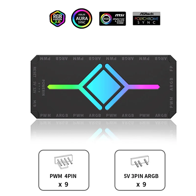 TEUCER 5V 3pin Fan Hub ARGB PWM 4pin 1 To 9 Ports Splitter SATA Power Magnetic Suction ARGB Fan Controller for PC Case Fan