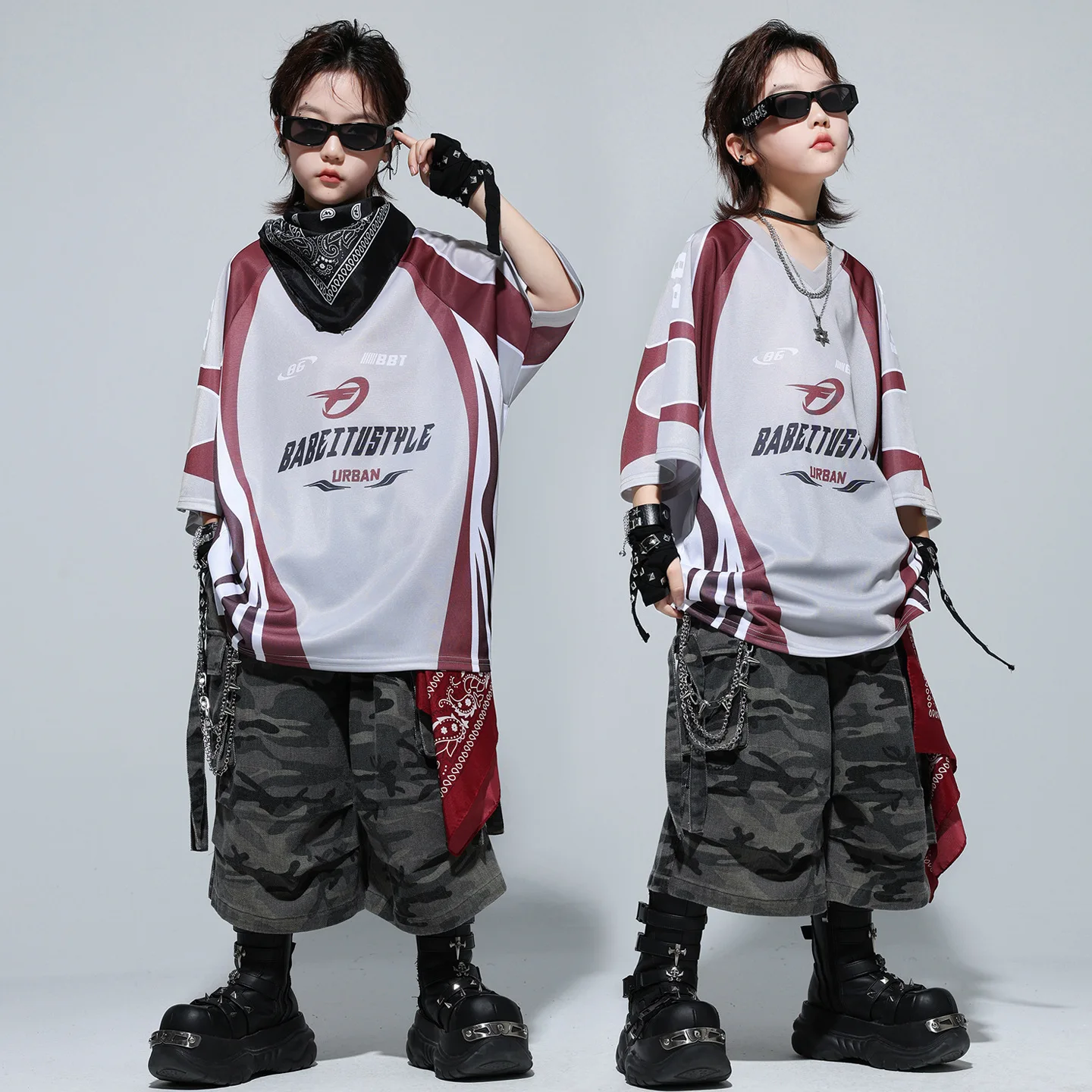 

Kid Kpop Hip Hop Clothing Gray Red V Neck T Shirt Camo Casual Strap Cargo Shorts Middle Pants for Girl Boy Dance Costume Clothes
