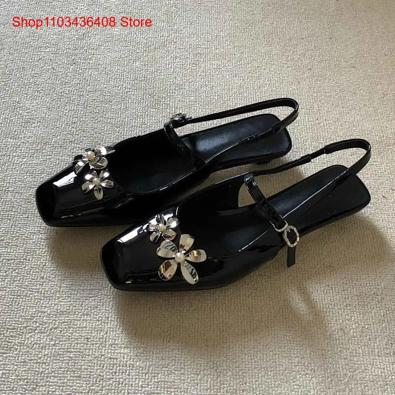 French flower rhinestone toe half drag women's low-heeled flat-strap black sandals with empty back