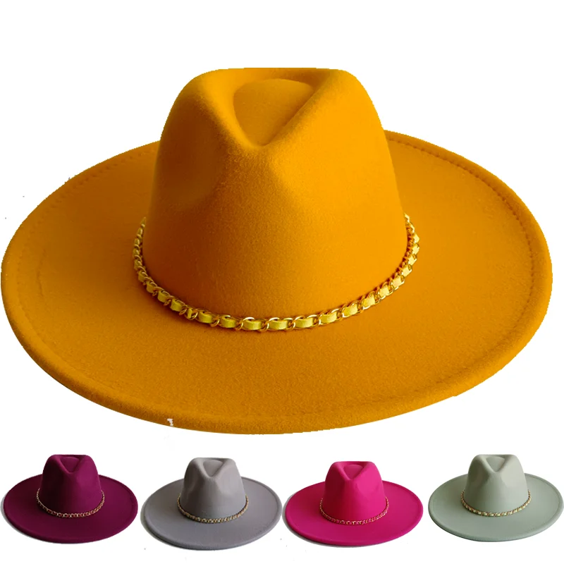 

Желтая модная шляпа-федора с цветной цепочкой, шляпа с широкими полями 9,5 см для женщин, зимняя мужская шляпа, ковбойская фетровая шляпа, сомбреро