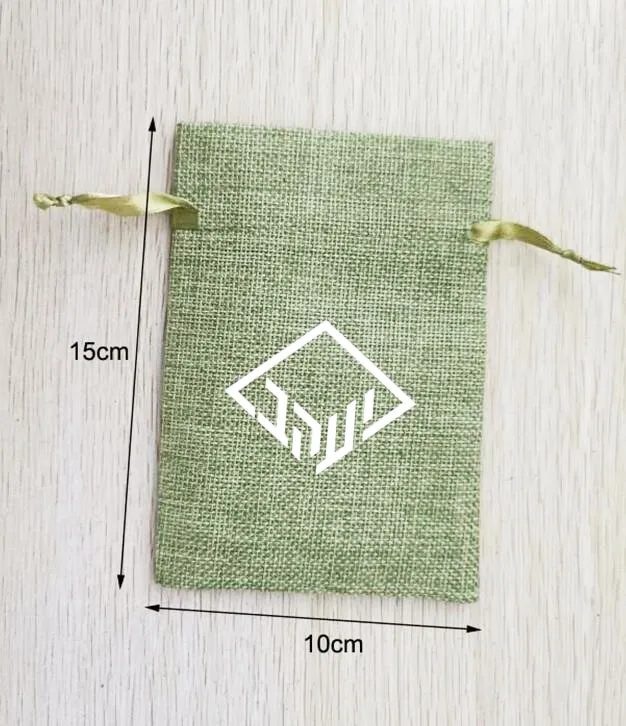 200pcs 10x15cm Green Linen Bags Ribbon Drawstring Pouches Printed With White Logo Customised Logo