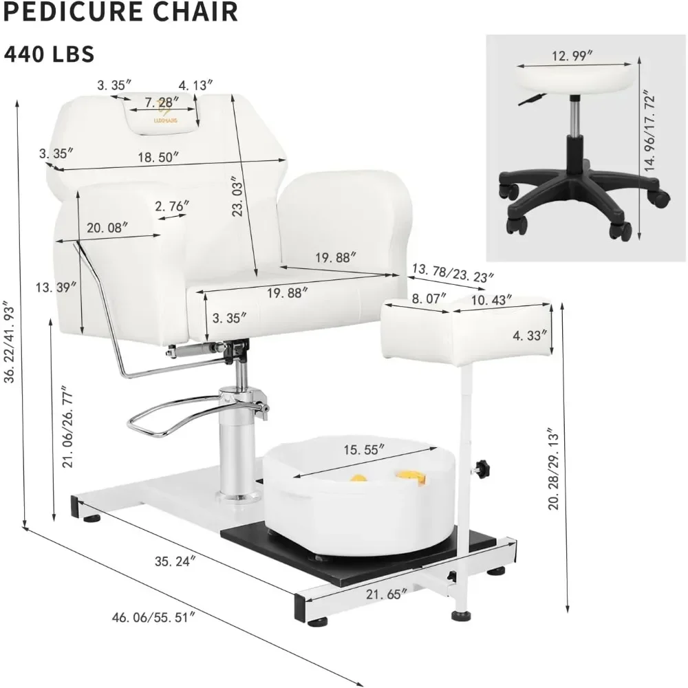 Pedicure Chair Station, 360° Rotation Hydraulic Adjustable Height Pedicure Chair No Plumbing Unit Station with Foot Basin White