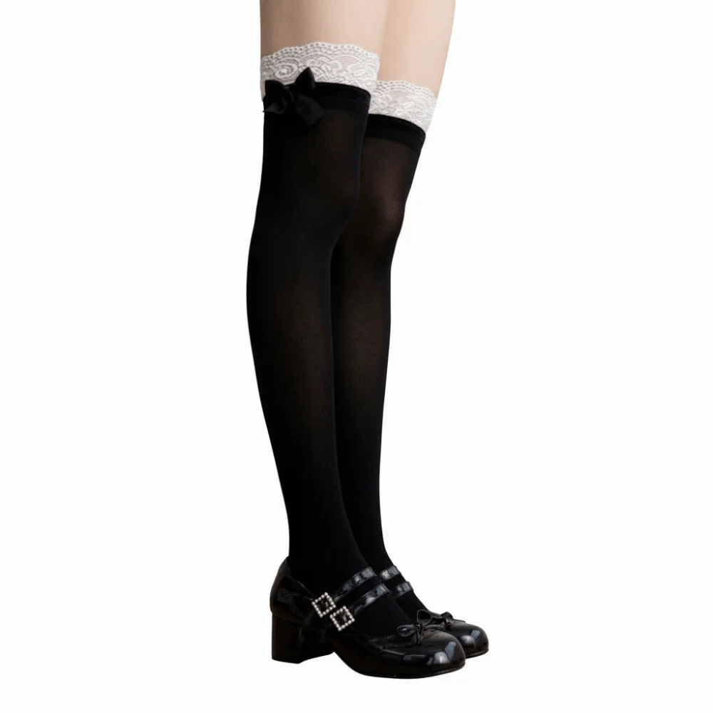 1 Pair Sweet Black/White JK Socks Lace Edge Thin Fabric Lolita Socks Bow Knot Design Over-the-knee Socks Summer Wea