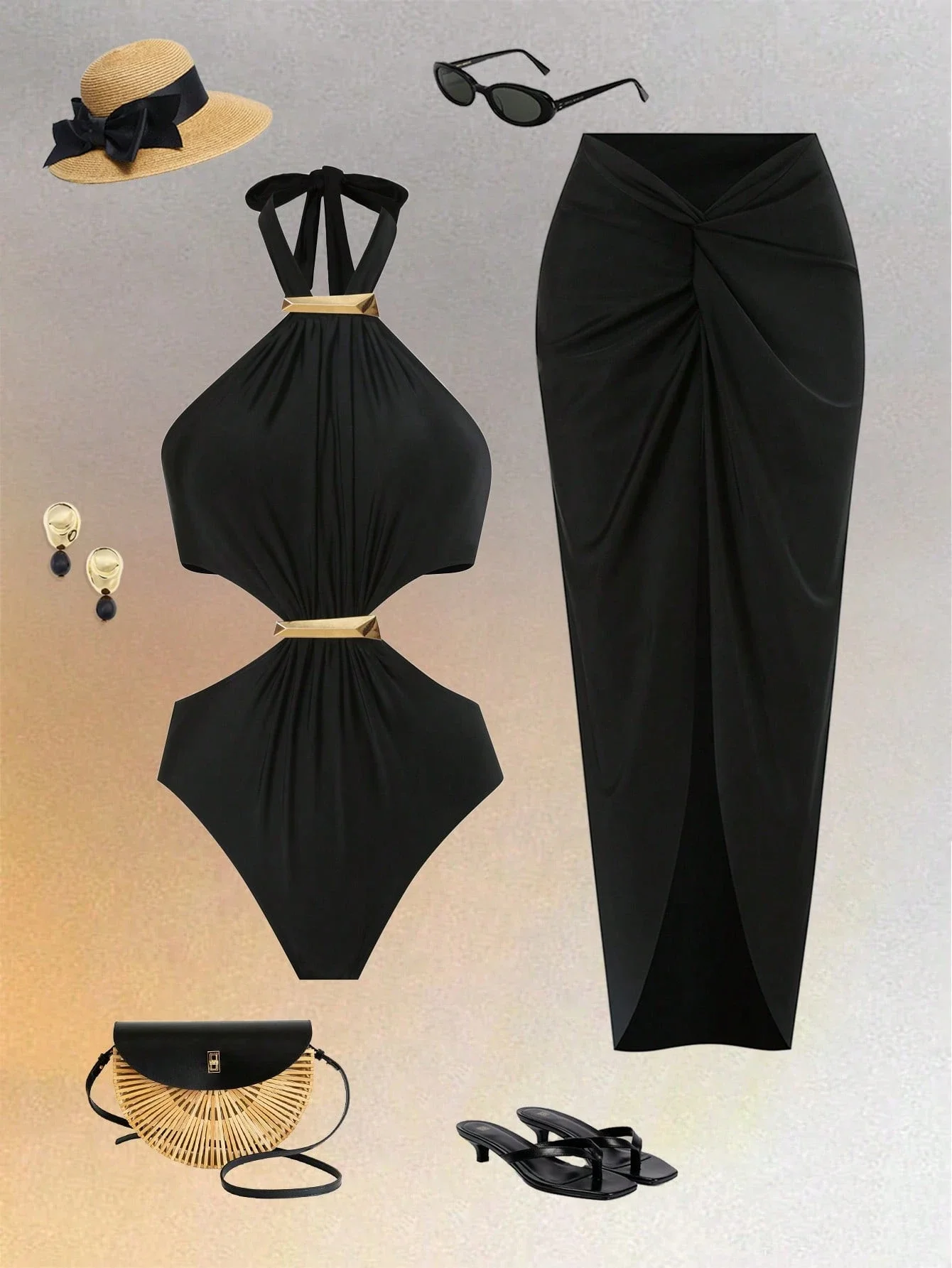 

Элегантный черный слитный купальник с вырезами, золотистыми акцентами, завязками на спине и подходящей юбкой-накидкой.