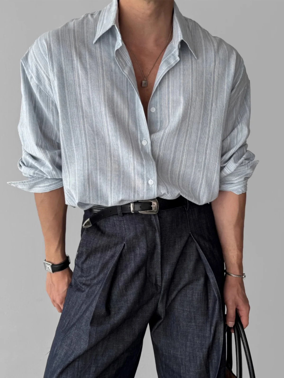 

Men's Stripe Long Sve irt Casual Lightweight No Iron Blue Sun Protection Spring Autumn Retro Matures Sle Korean Faion