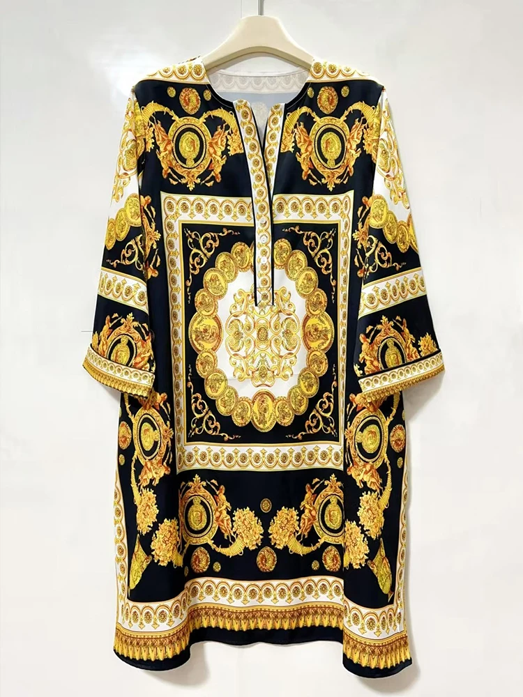 レトロ幾何学模様プリントVネックプルオーバー ストレートワンピース 2025夏 レディース Tシャツワンピース、おしゃれなゆったりストレートワンピース