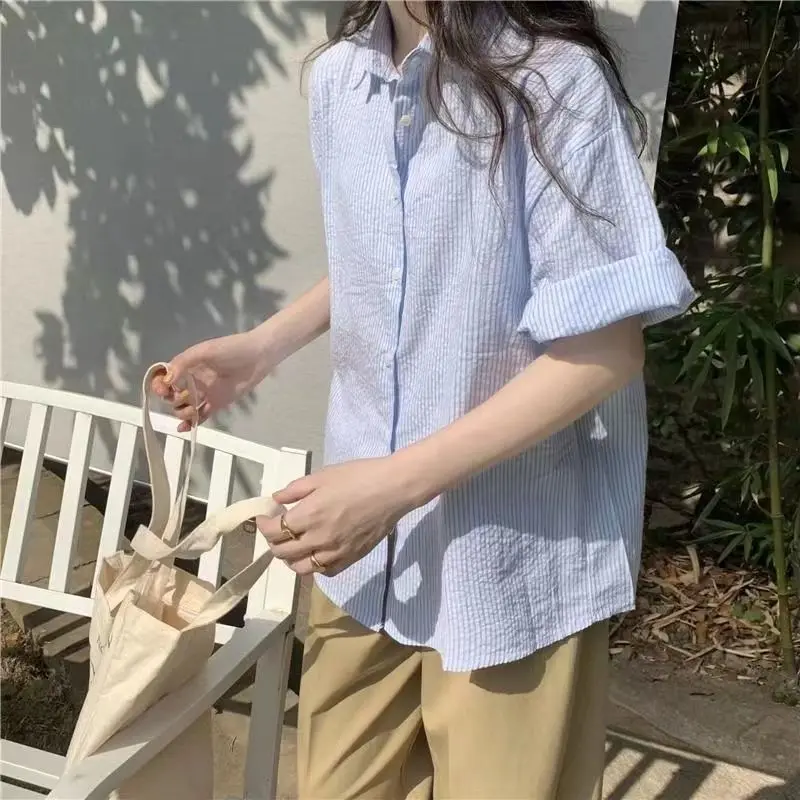 Rimocy Korean Blue Stripe Short Sleeve Shirt Women Summer Turn Down Collar Chic Blouse Woman Office Loose Button Up Shirts Mujer