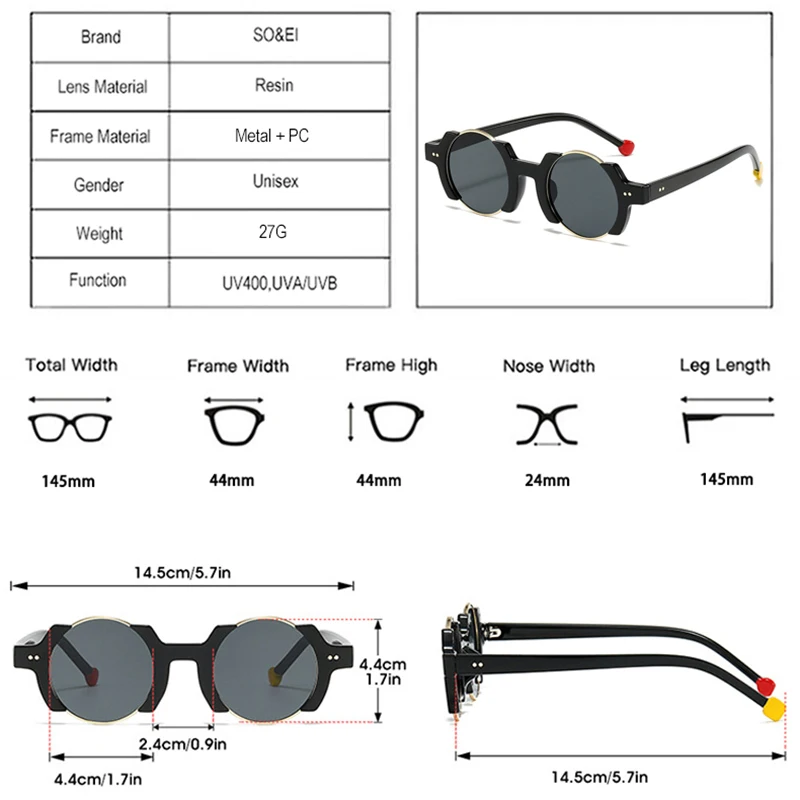 SO i EI Ins popularne modne okrągłe damskie okulary przeciwsłoneczne w stylu punkowym Retro nity mężczyźni modne żółte niebieskie okulary przeciwsłoneczne gradientowe odcienie UV400 — zdjęcie 7