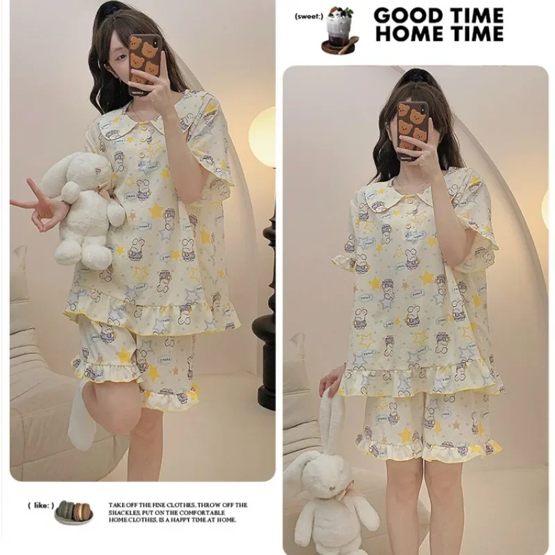 140kg Plus Size Korean Women\'s Sleepwear Students Summer Two Pieces Sets Short Sleeve Cartoon Sweet Loose Fit Home Use Pajama