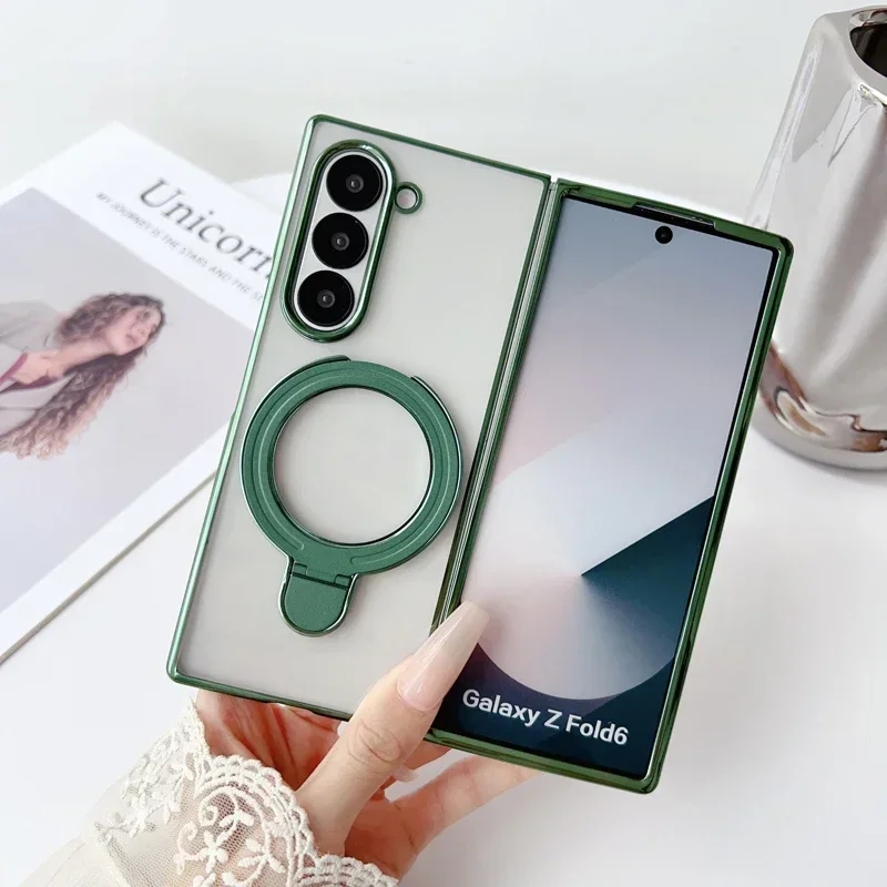 

For Samsung Galaxy Z Fold 6 Case High Transparency Electroplated Hard PC Folding Clear Cover With Magnetic Ring Back Holder