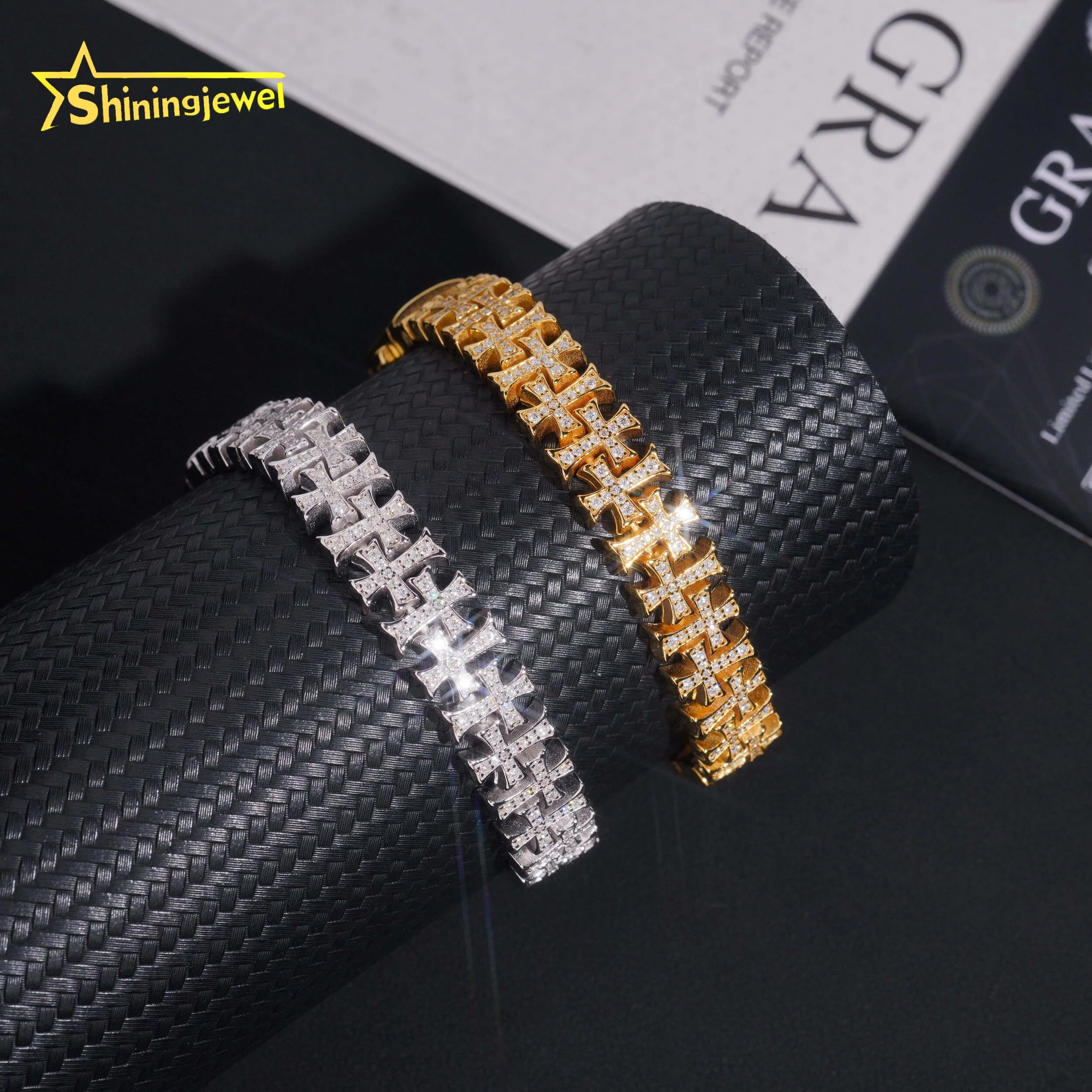 Test Pass Diamond Moissanite Iced Out Cross Bracelet 925 Sterling Silver Gold Plated Hip Hop Jewelry Cuban Men's Bracelet.