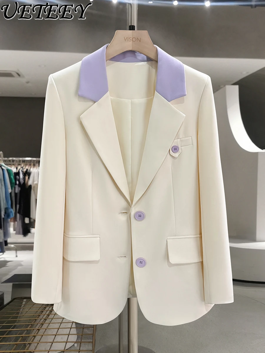 

Off-White Korean Style Niche Design Blazer Coat for Women 2025 New Spring and Autumn Casual Color-Block Sweet Suit Jacket