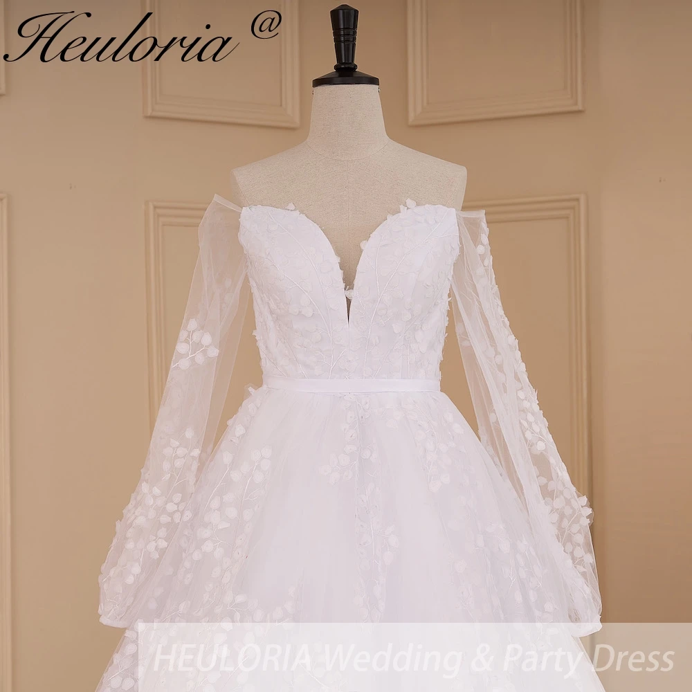 HEULORIA Abito da sposa principessa manica lunga con spalle scoperte Abito da sposa in pizzo 3d plus size abito da sposa abito da sposa