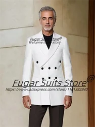 Customized Fashion White Latest Design Three row buckle Men Suits Slim Fit Peak Lapel Groom Tuxedos 2 Pcs Sets Prom Roap Hombre