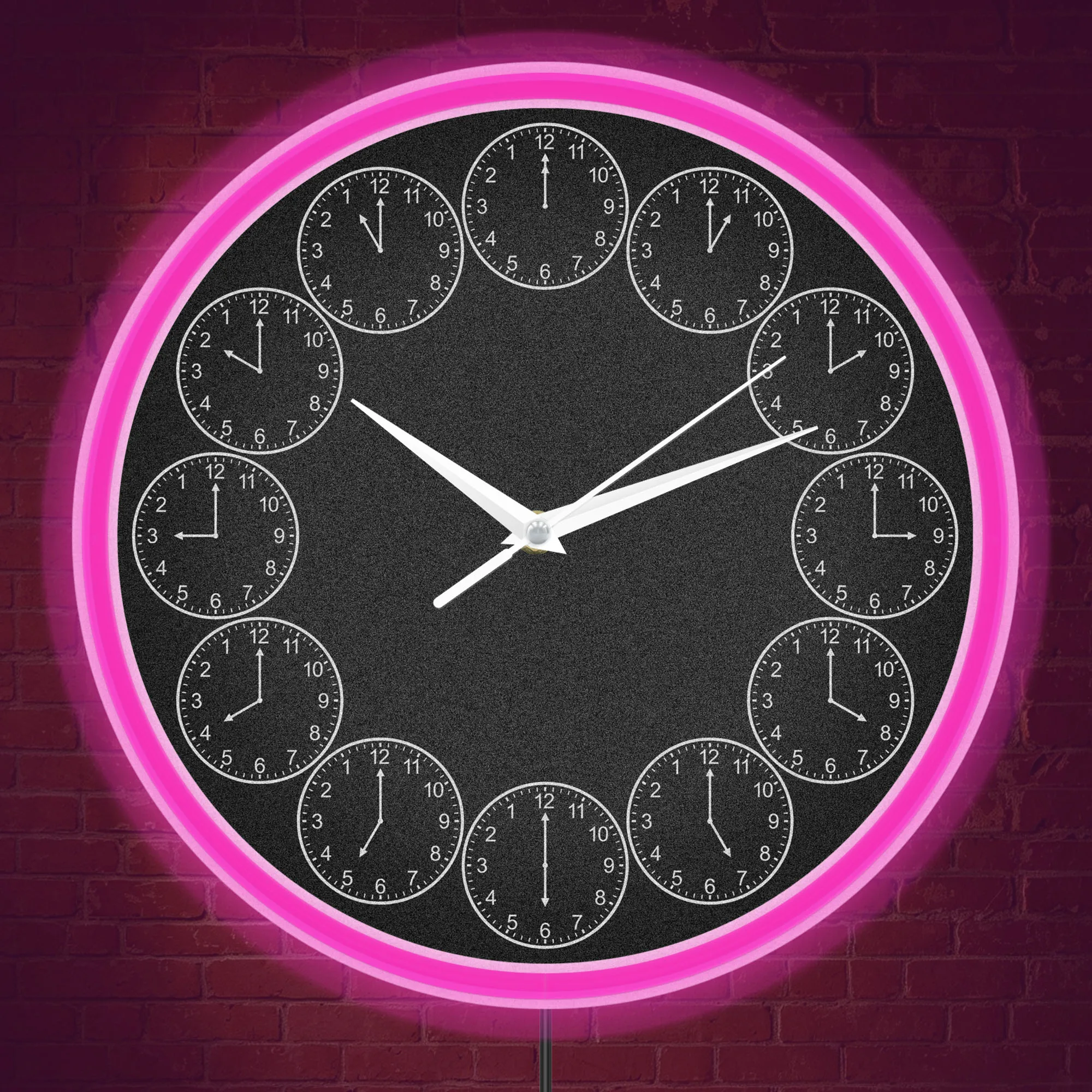 Counterclockwise Reverse LED Neon Wall Clock Minimalist Black for Workspace Geek Room Backward Wall Clock with Neon Rim Light