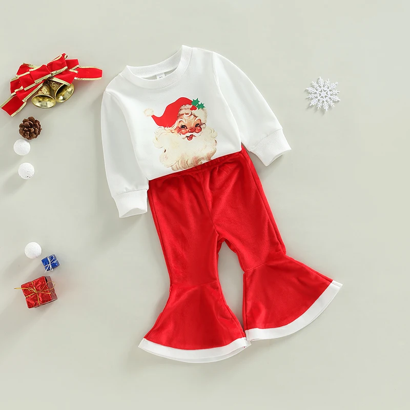 Pakaian anak perempuan lengan panjang, setelan baju anak-anak perempuan, lengan panjang, leher bulat, motif Santa, atasan gaya, celana Bell-Bottom, untuk tampilan trendi