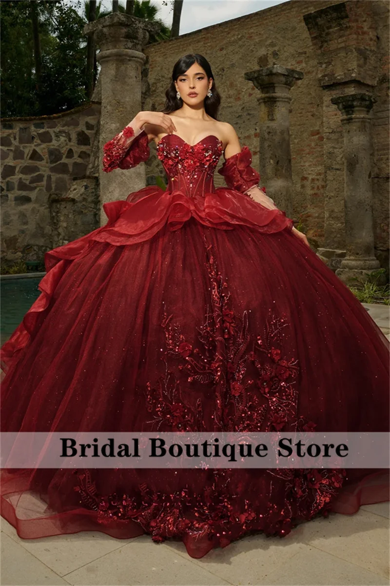 Luxury Burgundy Princess Quinceanera Dress Corset Gown Flower Crystals Beads Vestidos De 15 Años Birthday Party Gown  Customized