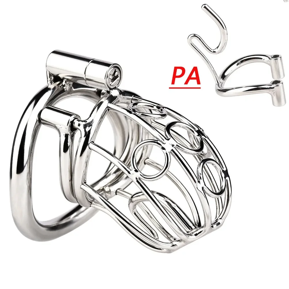 Stainless Steel Male Chastity Device with Removable PA Puncture Cock Cage Arc Penis Ring Sex Toys for Men Erotic Urethral Lock