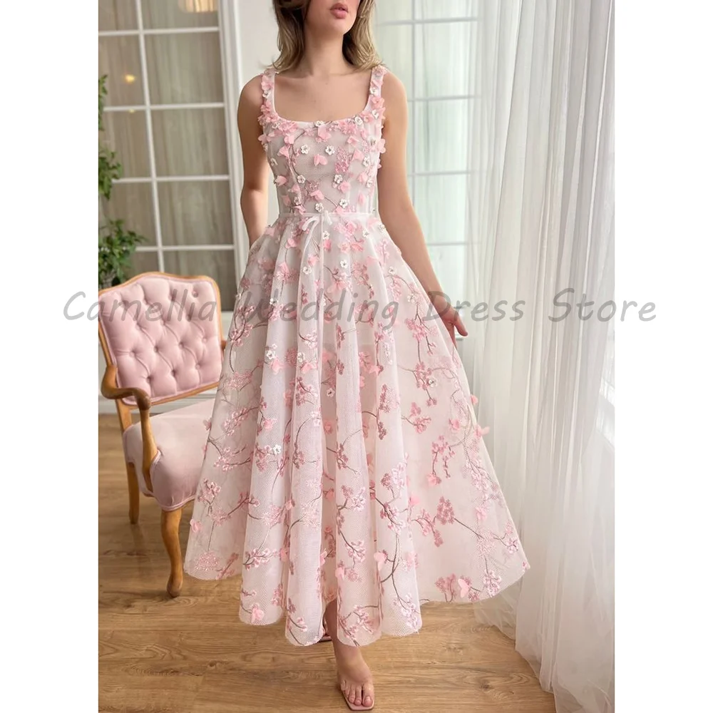 

Women Pink 3D Floral Tulle Midi Dress Square Neck Sleeveless A Line Tea Length Formal Wedding Guest Party Evening Gown