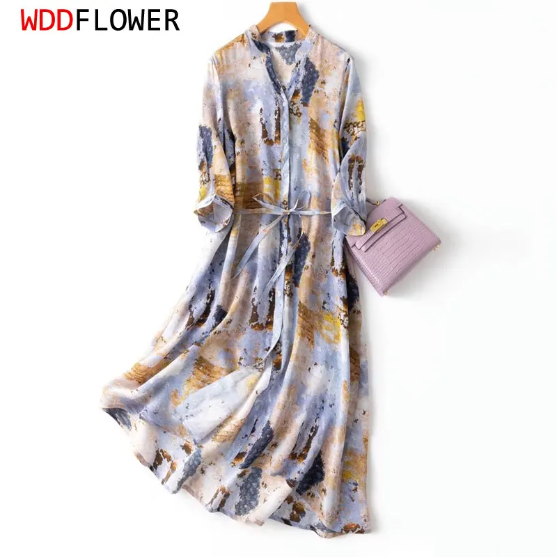 Women Silk Shirt Dress 100% Mulberry Silk Blue Printed Split V Neck Half Sleeve Long Midi Dress belted waist  MM801