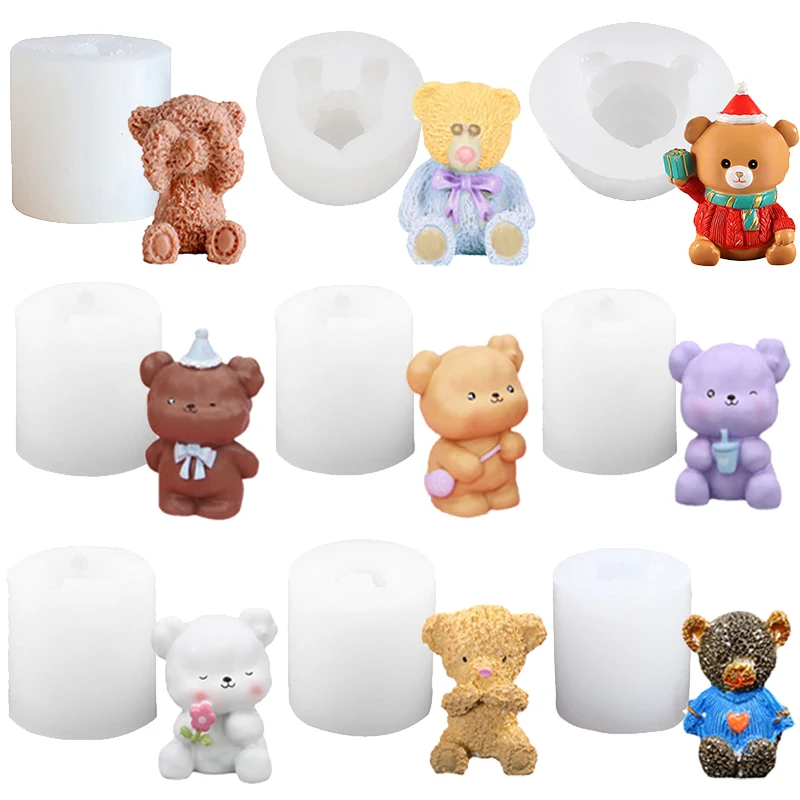 Bear Silicone Candle Mold 3D Bear Toy Aromatherapy Soap Crafts Casting Mousse Chocolate Fondant Cupcake Cake Topper Decoration