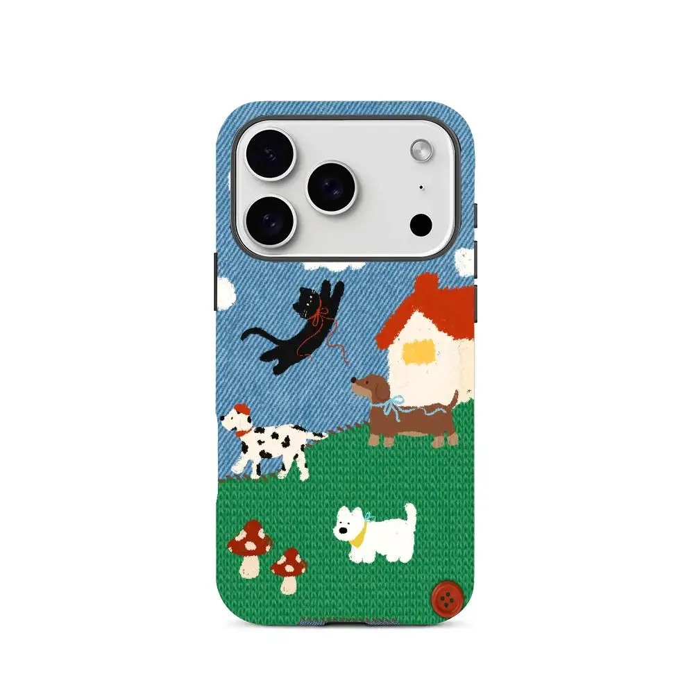 Knitted mushroom cat pattern phone case suitable for iPhone 17 16 15 14 13 12 11 Pro/Max/Plus anti drop 2-in-1 back cover