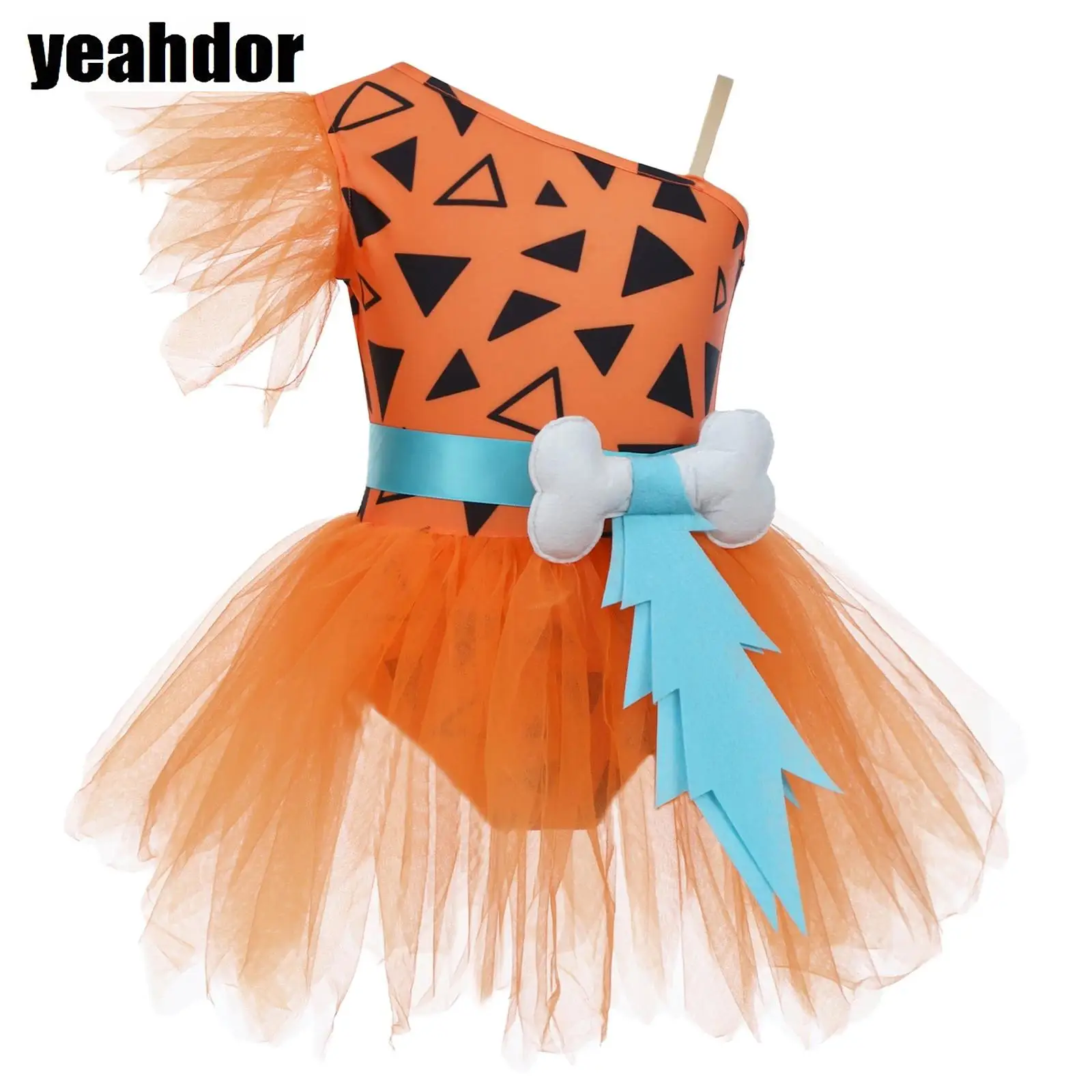 

Halloween Caveman Dress Girls One Shoulder Ruffle Mesh Tutu Dress Dog Bones Dress Historical Stone Age Primitive Caveman Costume