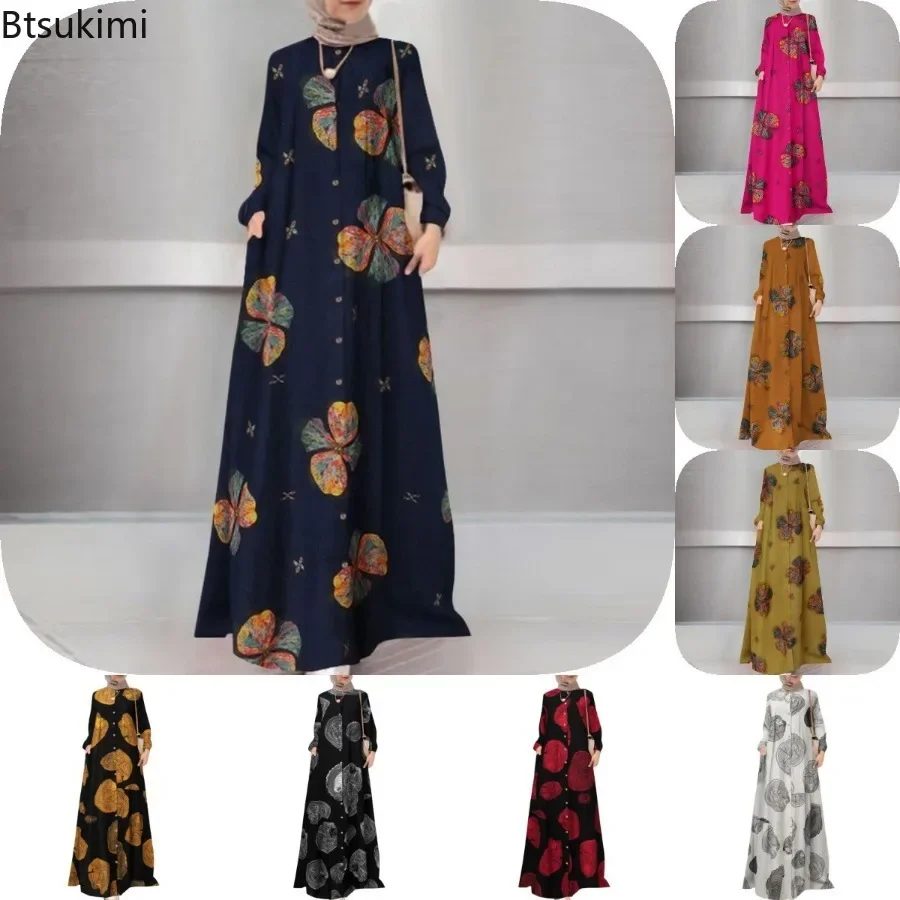 

New Women's Cotton Linen Print Shirt Dress Muslim Fashion O-neck Abayas Long-sleeved Vintage Long Robe Elegant Islamic Clothing
