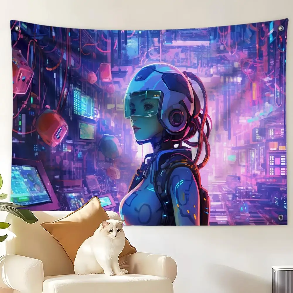 Robot Girl Coding Flags Custom Wall Hanging Background Art Banner For Bedroom Home Living Room Outdoor Decor