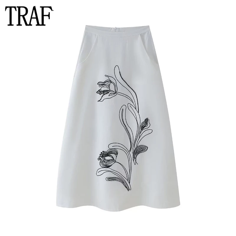 TRAF 2024 Embroidery Midi Skirt Women White High Waist Skirts for Women Summer Long Skirt Woman Vintage Beach Women\'s Skirts