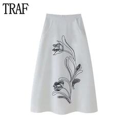 TRAF 2024 Embroidery Midi Skirt Women White High Waist Skirts for Women Summer Long Skirt Woman Vintage Beach Women's Skirts