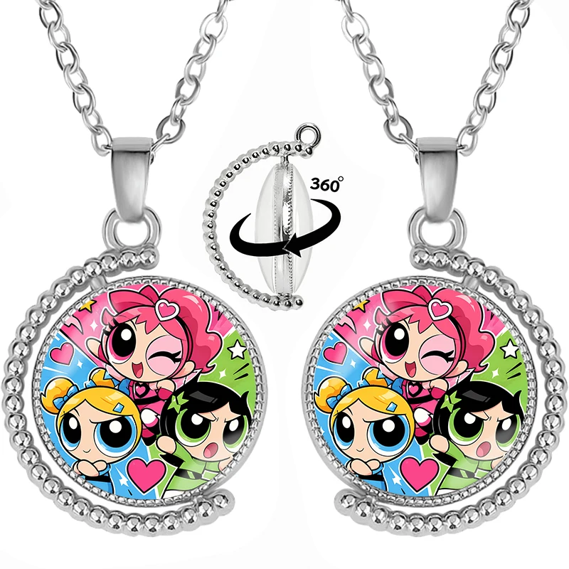 Collar Giratorio de las Chicas Powerpuff para Parejas, Collar con Estampado de Doble Cara de Anime y Dibujos Animados, Collar Bonito para Hombres y Mujeres