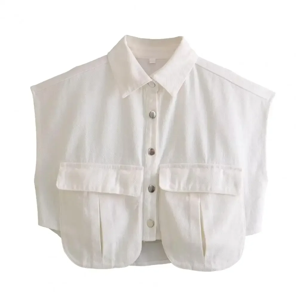 Summer Women Denim Cropped Shirt Lapel Sleeveless Flap Pockets Top Solid Color Single Breasted Casual Denim Short Outwear