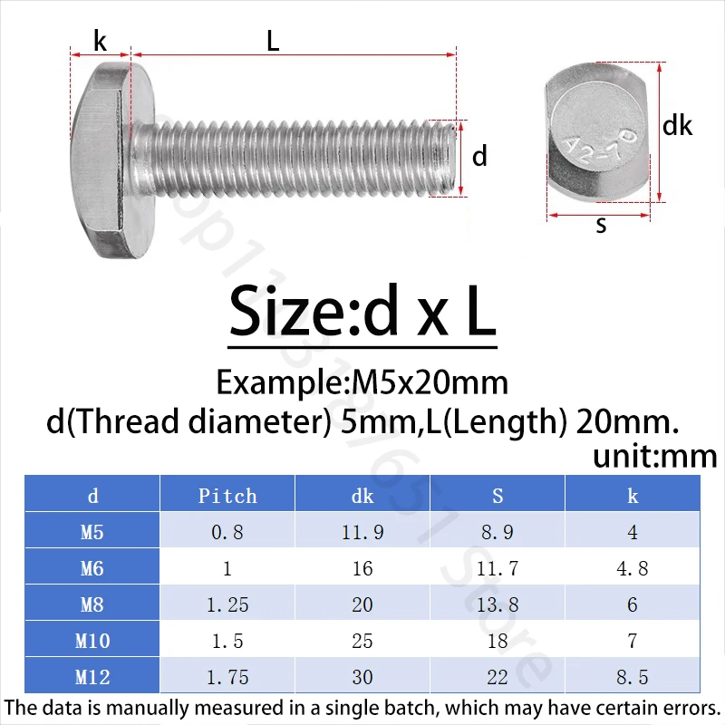 1~20pcs M5 M6 M8 M10 M12 304 A2 Stainless Steel T Shape Type Groove Bolts Hammer Head Screws for T-Slot Chute Rail Miter Track