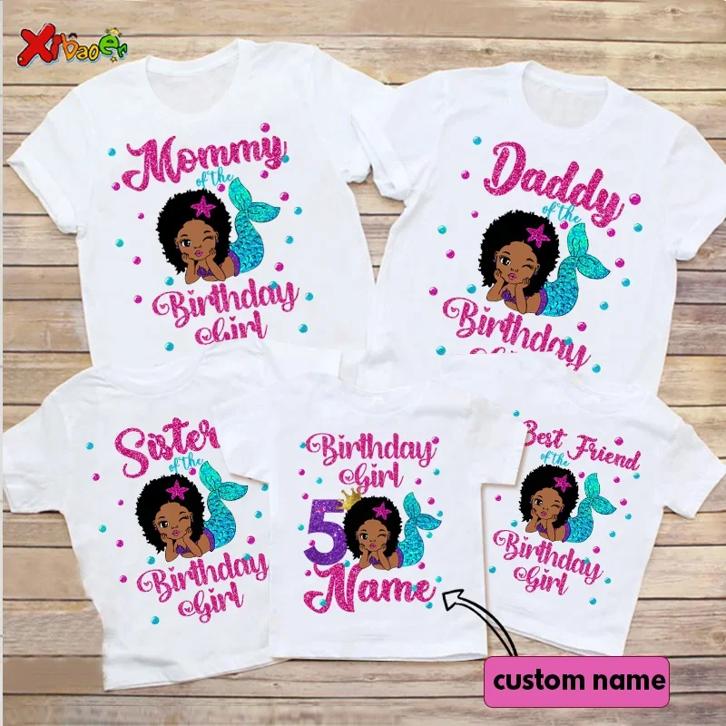 

Family Matching Outfits Mermaid Shirt Black American Princess Birthday Party Tshirt Little Girl Kids Shirt Party Girl Gift 7 5th