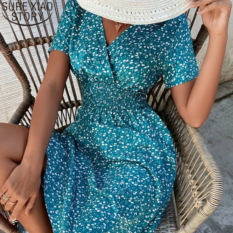 Summer Vintage Dress Women Floral Print Short Sleeve Knee-length A-line High Waist V-neck Vestido Feminino Casual Dresses 19414