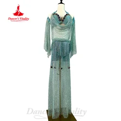 BellyDance Outfit Customization Senior AB Stones Bra+Sleeves+Tassel Belt+Mesh Dress 4pcs Oriental Dance Performance Costumes