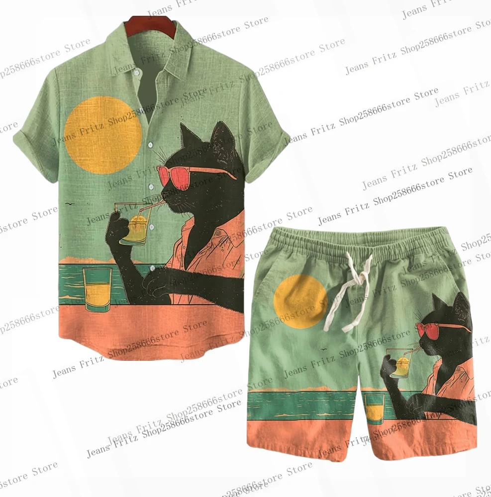 Men's Cat Graphics Shirts Short Sleeve Shirt For Summer 3D Printing Oversized 2Pcs Sets Casual Hawaiian Shirts +Shorts
