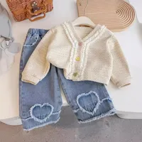 Children's Clothing Sets Knitted Lace Cardigan + Heart-shaped Jeans 2pcs Kids Winter Clothes Spring & Autumn Girl Clothes