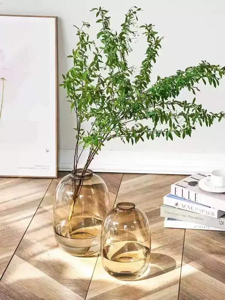 Japanese light luxury minimalist anesthesia wood hydroponic green plant vase living room flower arrangement cute big belly vase