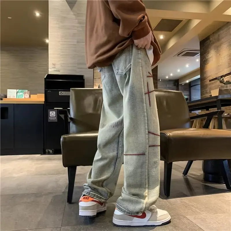 Trendy Wide Leg Men's Jeans Loose Casual Straight Loose Long Pants American Retro High Street Style Summer Jeans for Teens
