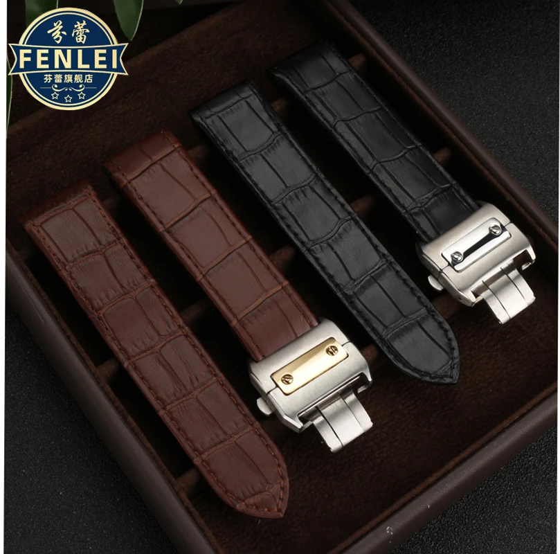 Pulseira de relógio de couro genuíno para cartier santos sandoz 100 pulseira de relógio de couro de alta qualidade 20mm 23mm pulseira preta acessórios