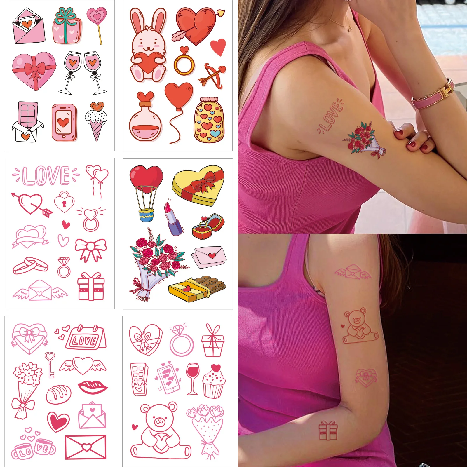 6pcs/set  Valentine's Day Series Tattoo Stickers for Couples Rose Love Heart Gift Cake Pattern Temporary Tattoos Body Art