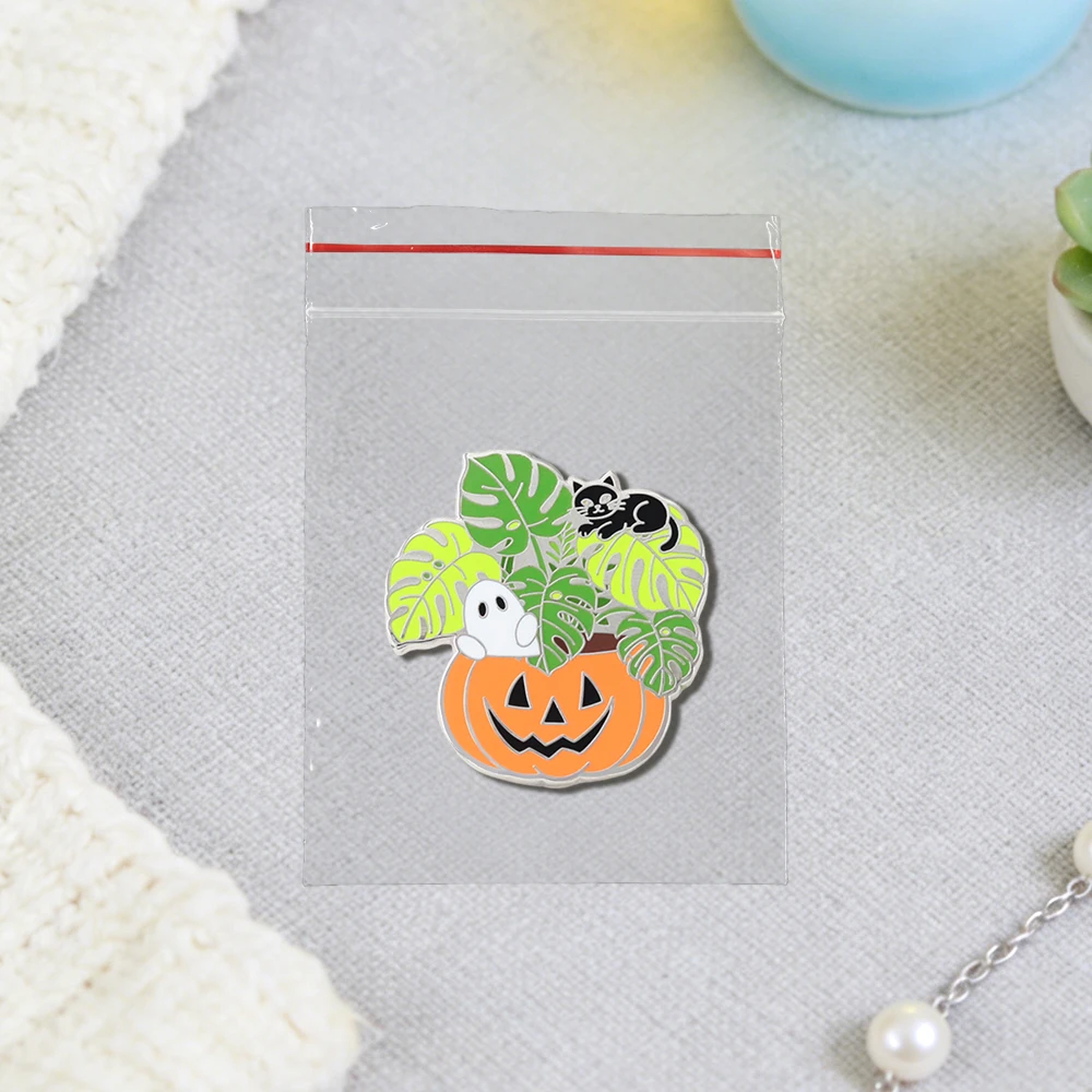Halloween Pflanzendekor Emaille-Pin Kürbis Jack Gruseliger Monstera Pflanzentopf Brosche Geist Schwarze Katze Abzeichen Geschenk Accessoire – Detail 9