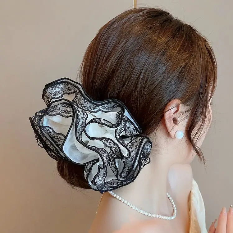 Retro Printing Oversized Scrunchies Headwear 2023 Korean Fashion French Lace Fold Hair Band Ponytail Female Hair Accessories