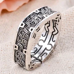 Promotion Jewelry Carving Pattern Square Design Retro Thai Silver Unisex Ring For Women Man Gifts Never Fade