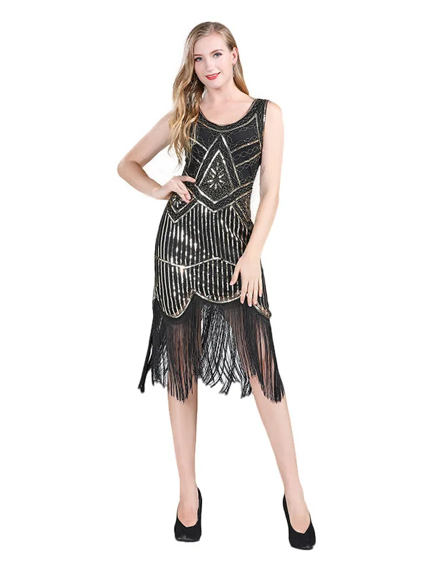 الرجعية 920s شرابة المشذبة V-Ne المطرزة الدكتور الكرة ثوب مساء الدكتور Faionable ميدي طول ألياف البوليستر #5