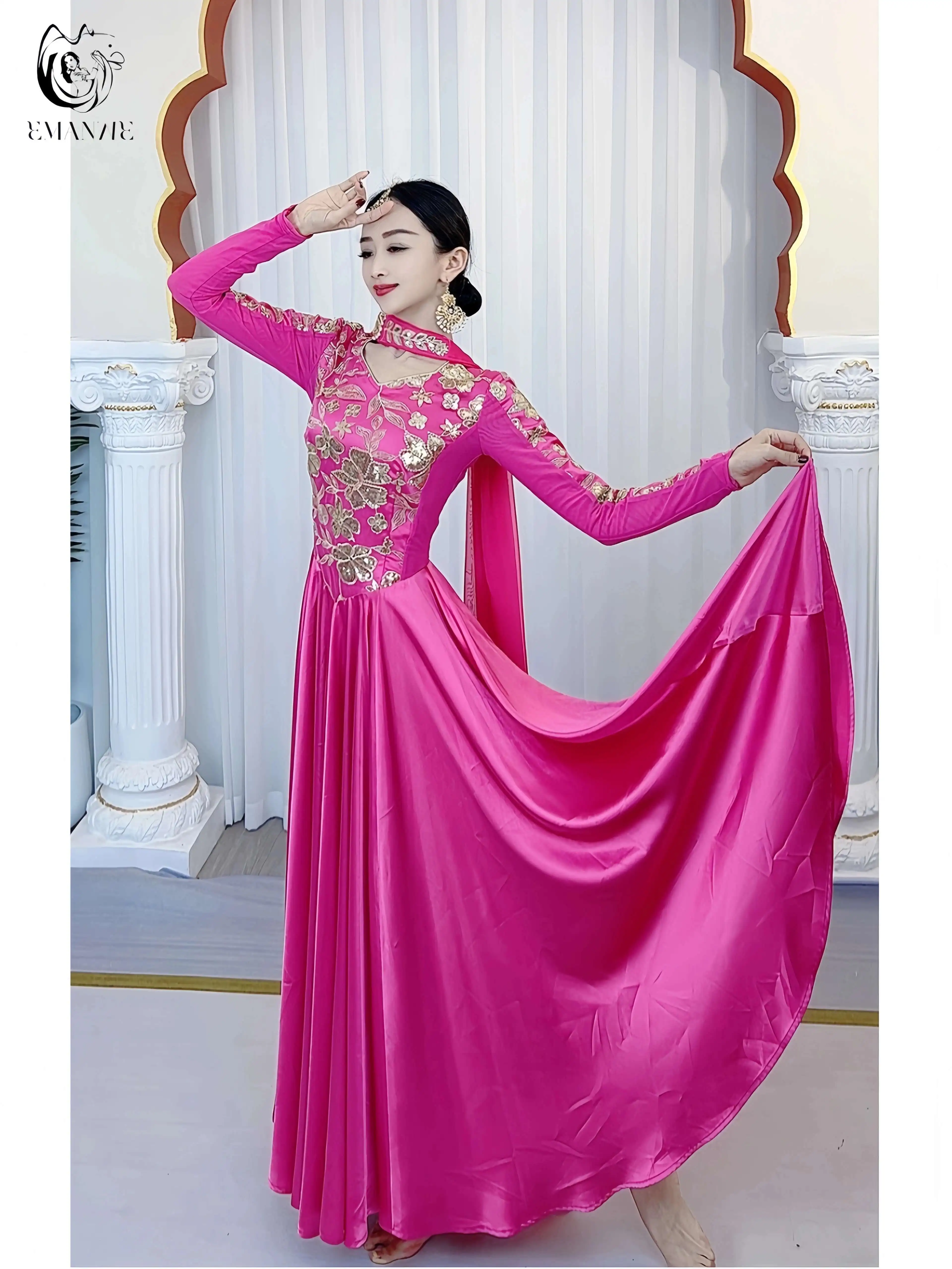 Ropa exótica de danza de Xinjiang, vestido, ropa de mujer, falda bordada, traje de baile, falda grande, dobladillo, trajes chinos largos para niños