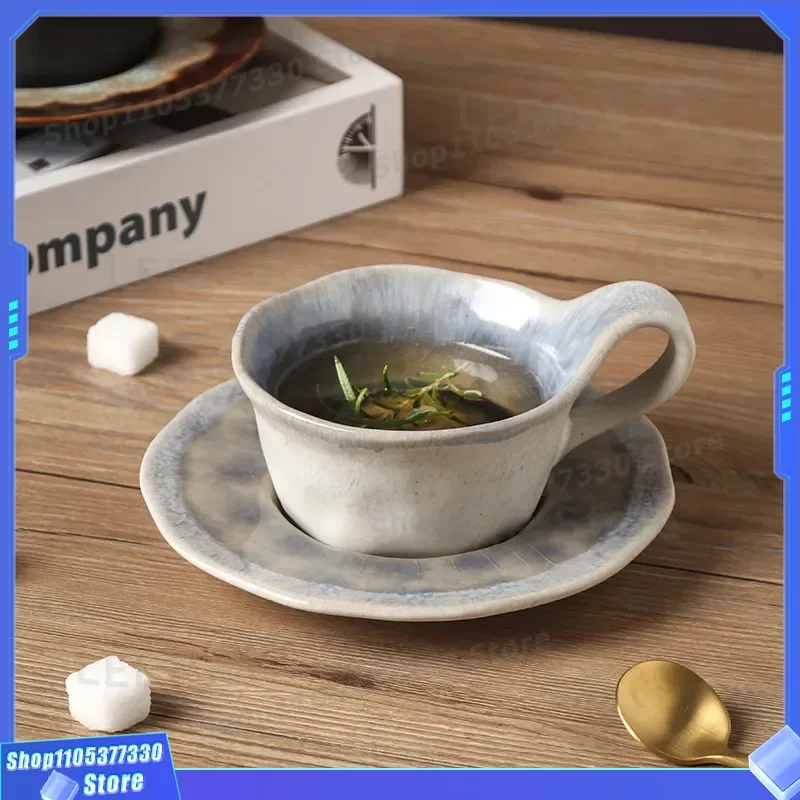 Handmade Ceramic Latte Cup with Saucer Medium Size Ancient Kiln Changed Coffee Mug Unique Pottery Tea Set for Home Decor Gift