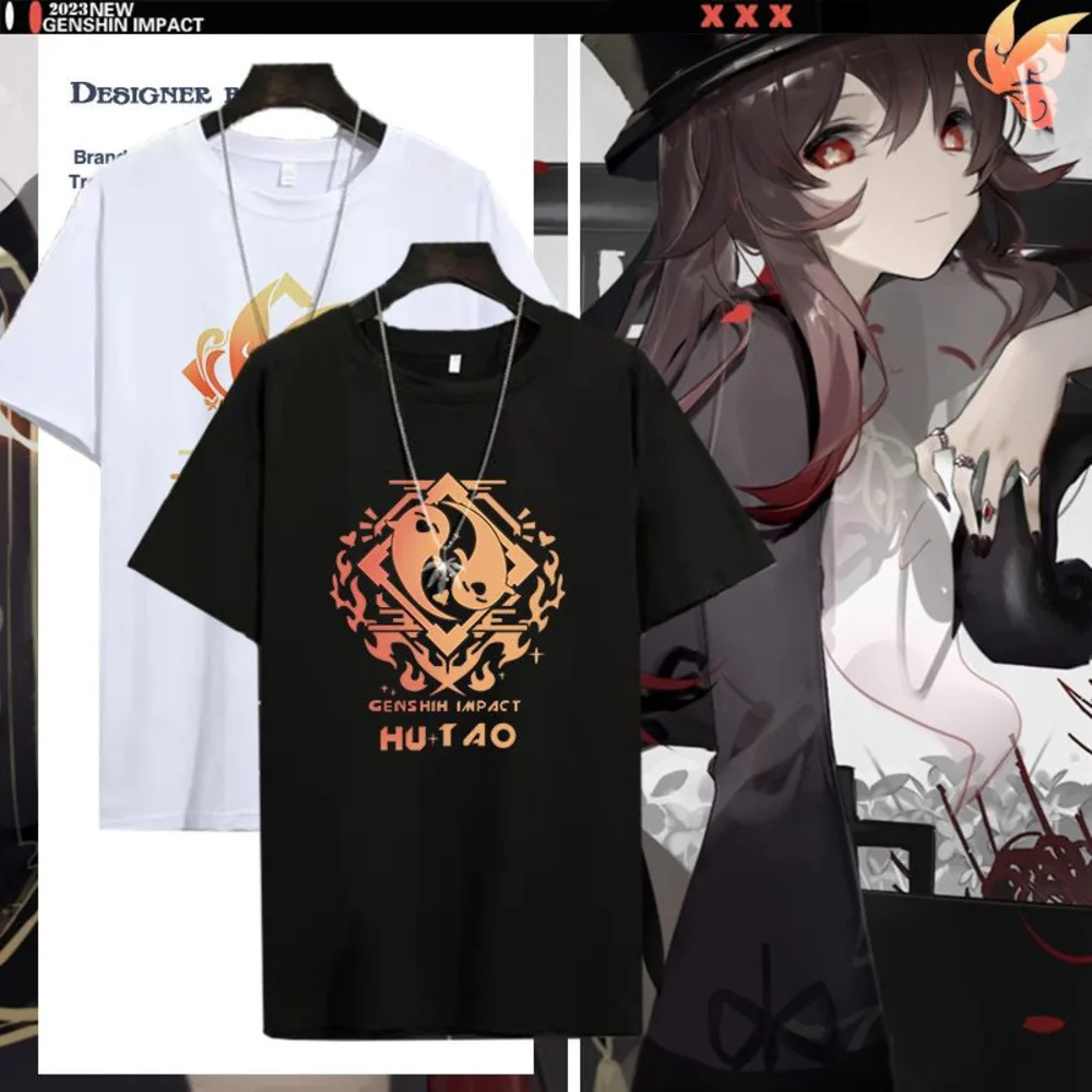 

2024 Summer New Simple Fashion Anime Genshin Impact Beelzebul Hu Tao Round Neck Short Sleeve T-Shirt Casual Daily Tops